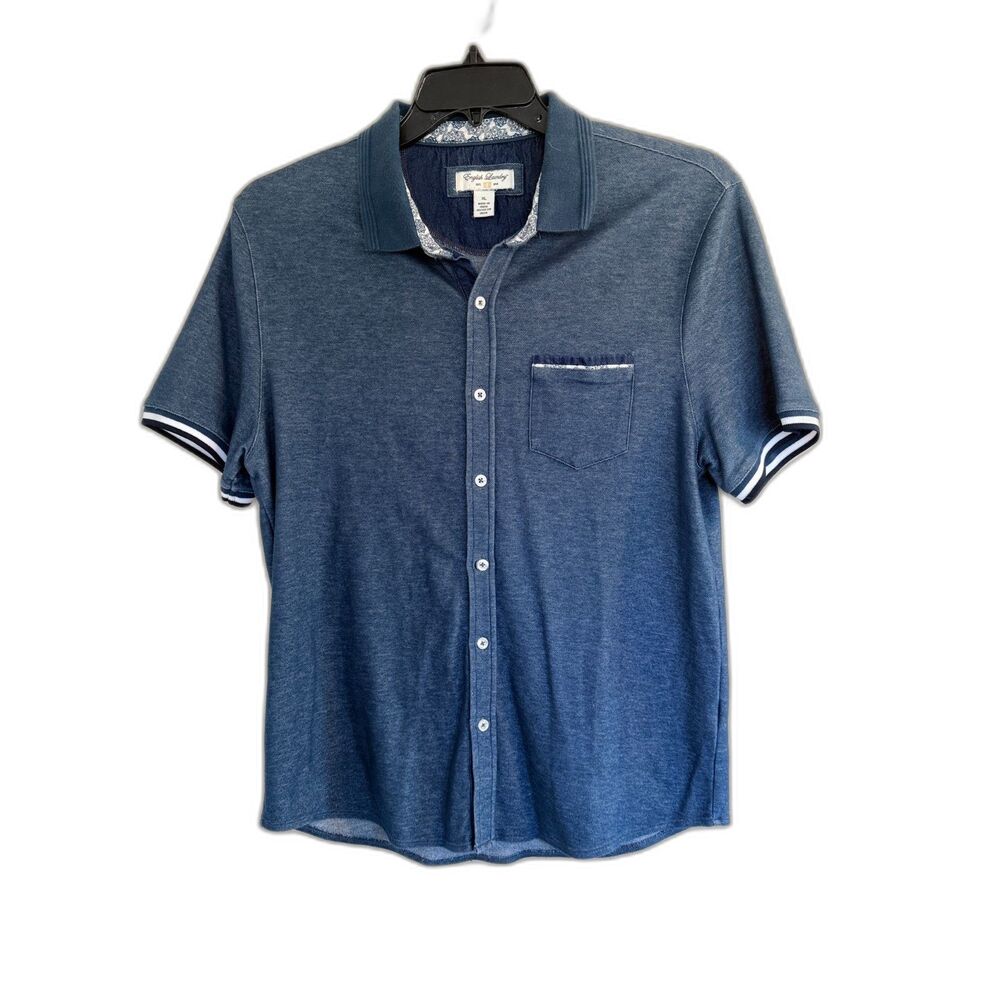 English Laundry Blue Short Sleeve Button Down Shirt Floral Trim Size XL